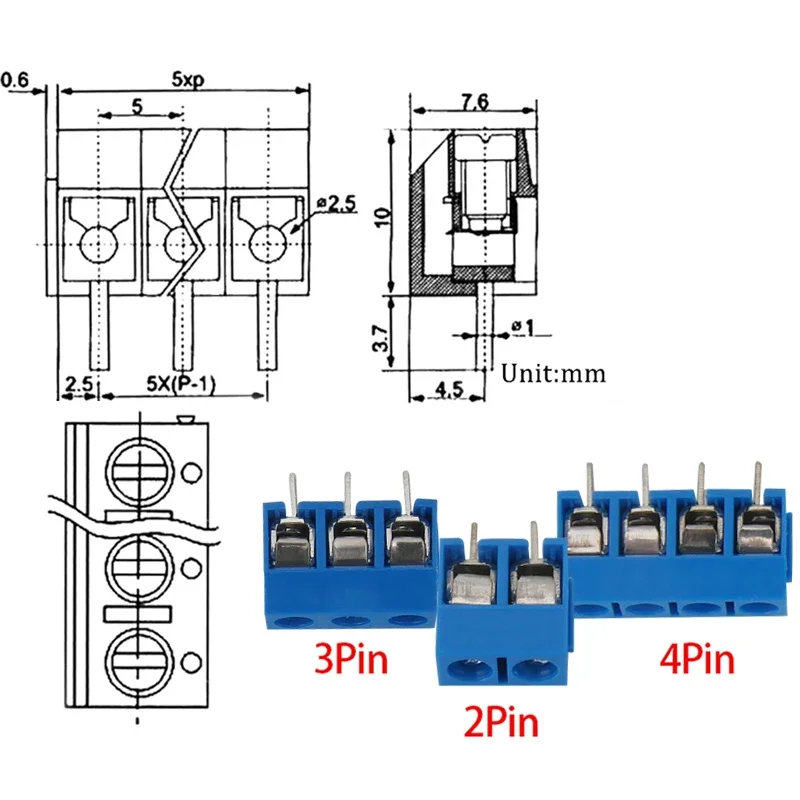 10/20/50Pcs/lot KF301-5.0-2P KF301-3P KF301-4P Pitch 5.0mm Straight Pin 2P 3P 4P Screw PCB Terminal Block Connector Blue Green