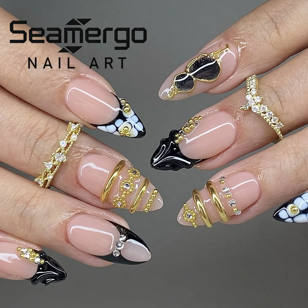 24 Stück Schwarz Weiß Gold Farbige Künstliche Nägel 3D Tropfenkleber Strass Eleganter Hochwertiger Luxus-Stil Südostasien Aufdrücknägel Uñas