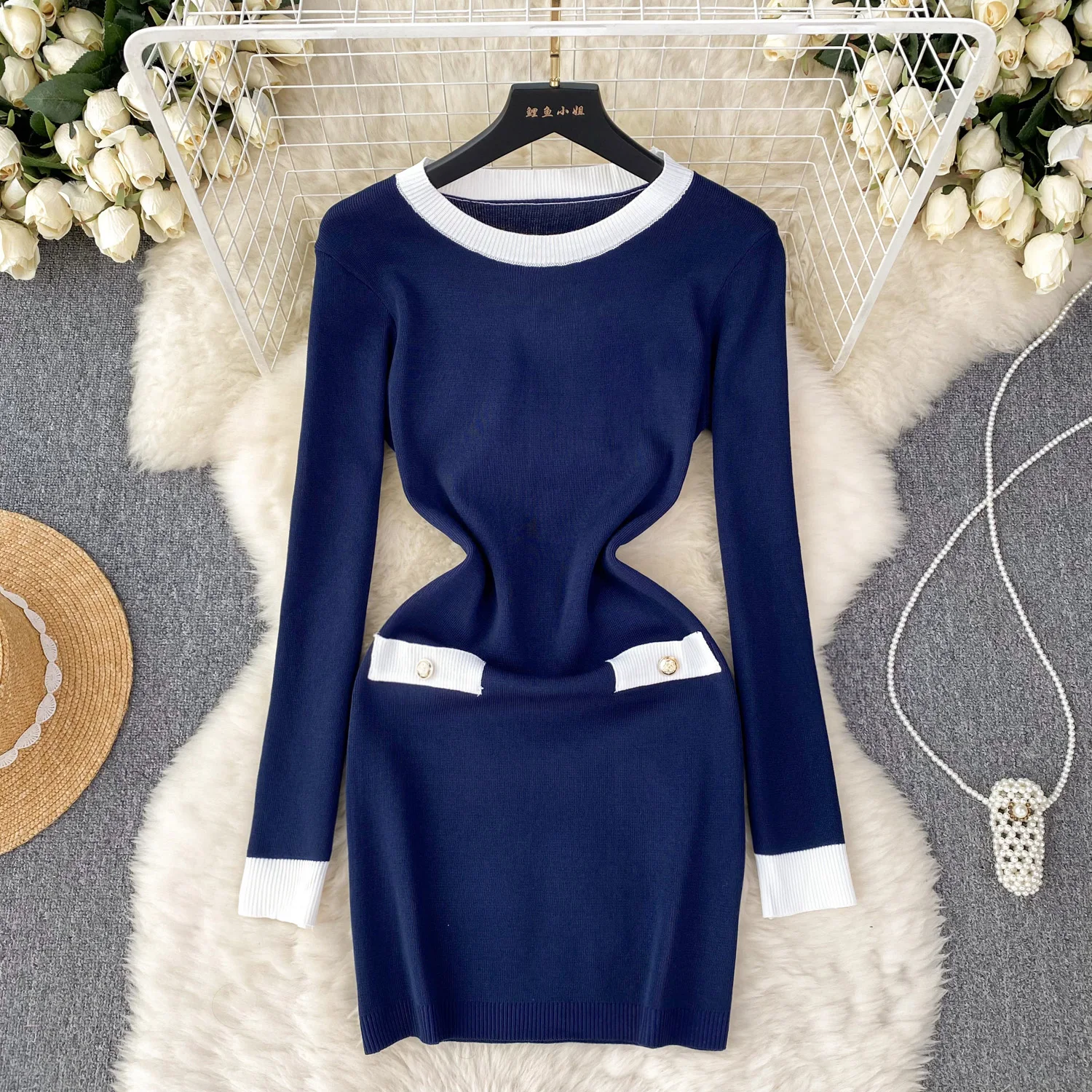 

APHALMODA 2023 High Grade Knitted Dress Women Autumn Winter Long Sleeve Slim Fit Fashion Shhort Dress