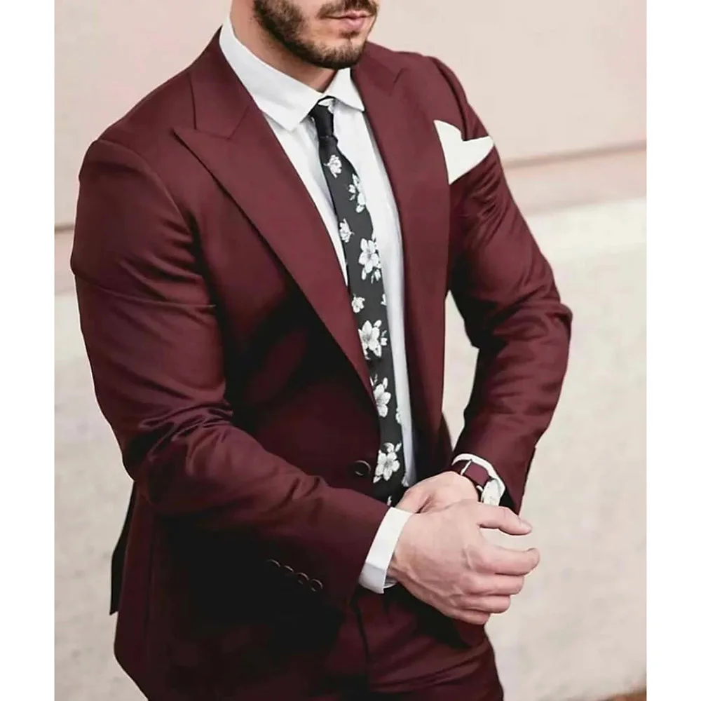 

Burgundy Men's Suits Blazer 2 Piece (Jacket+Pants) Single Breasted Peak Lapel Wedding Groom Blazer Tuxedo Slim Fit Costume 2024