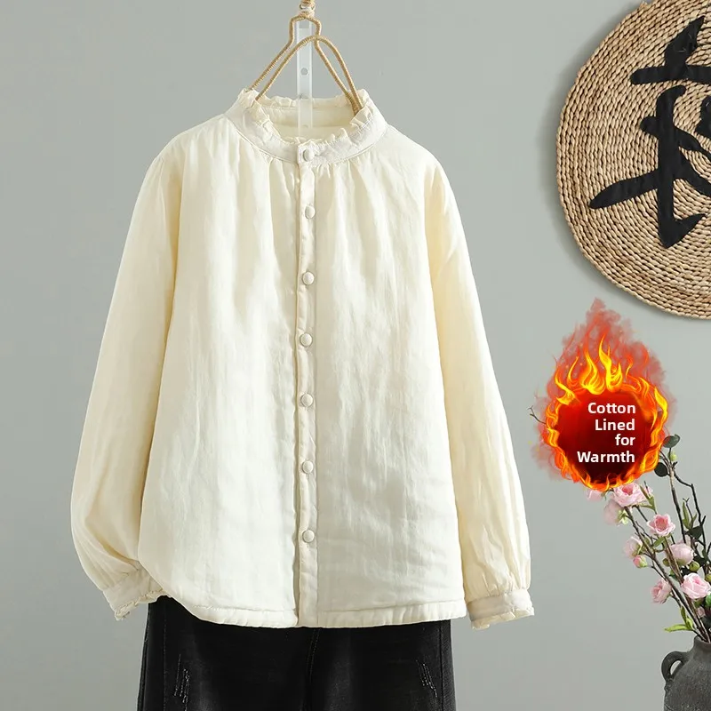 Autumn Winter Lightweight Cotton Jacket Women's New Loose Ruffle Collar Long Sleeve Warm Cotton Clothes Pure Color Artistic S...