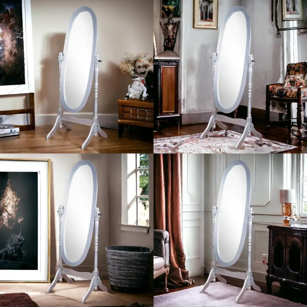 Specchio da pavimento Cheval con cornice in legno stile vintage con supporto regolabile, finitura argento, specchio indipendente a figura intera per la casa