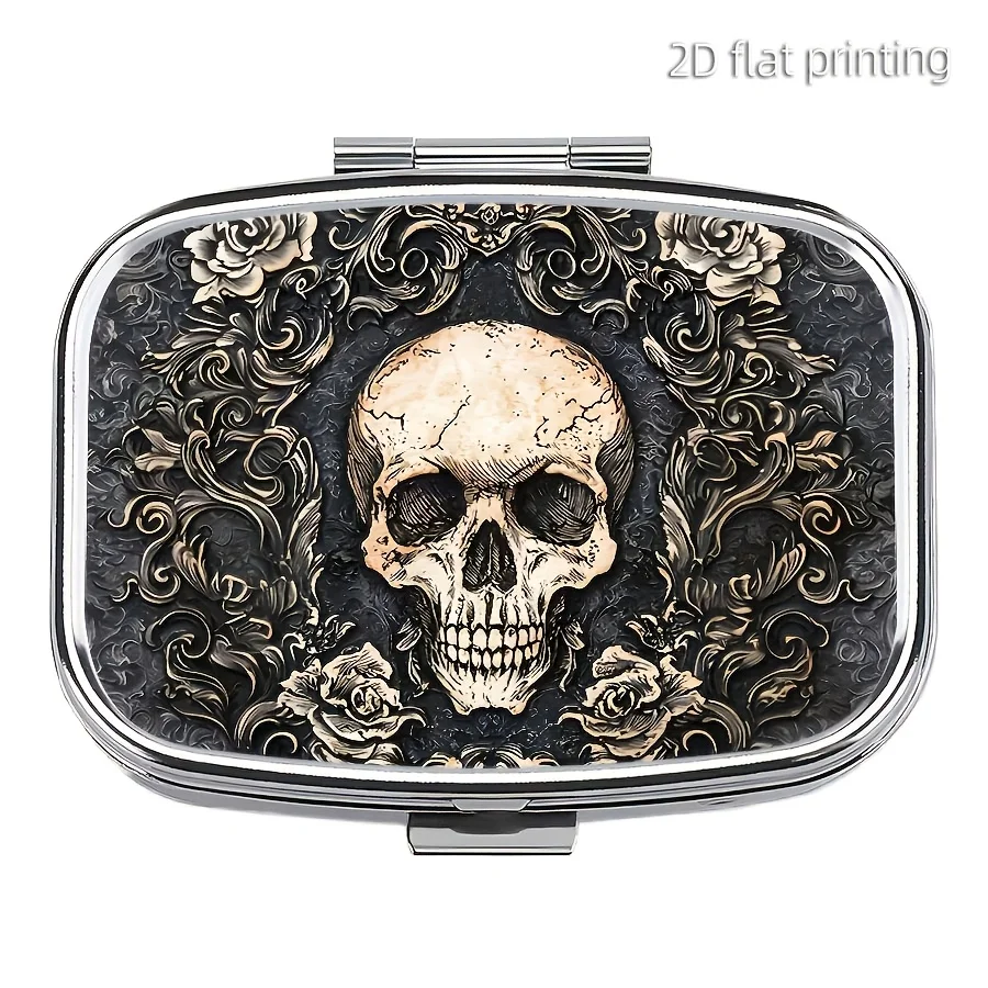 1Pc Art of Skulls Pill Box - 2 Compartment Portable Medicine Case for Pocket or Purse - Decorative Metal Vitamin Organizer - Travel Unique Gift