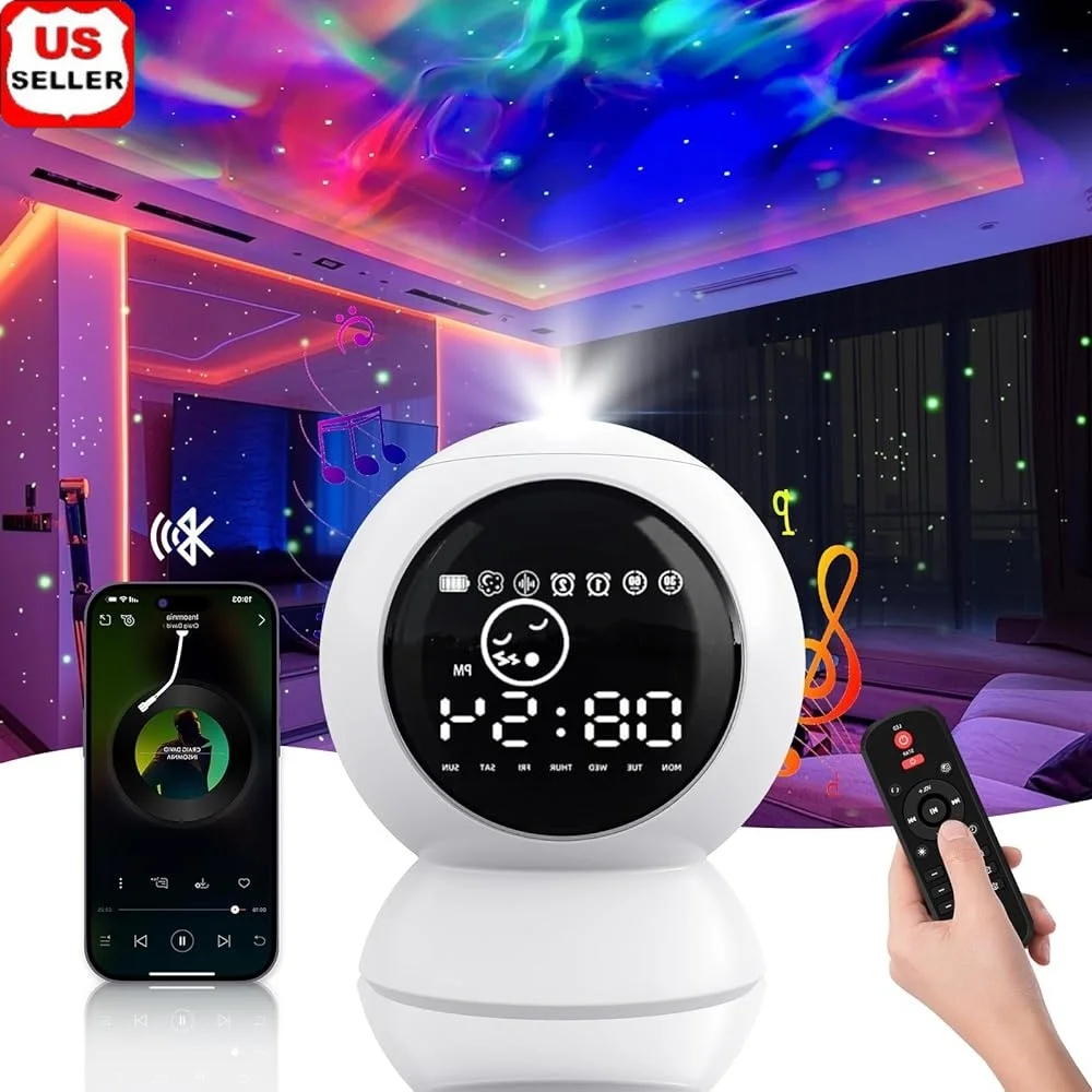 

LED Alarm Clock Star Projector Galaxy Night Light Bluetooth Speaker White Noise Machine Timer Remote Control Rechargeable Gift