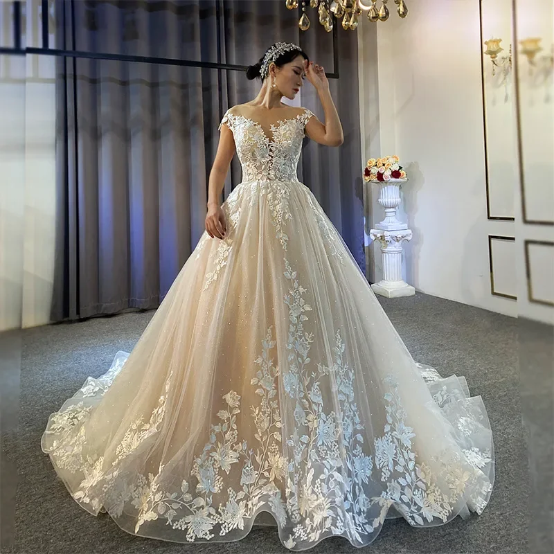 Custom Elagant Sheer Sleeves Bridal Gowns Beaded Sexy Neck Wedding Dress For Bride Embellished Lace Embroidered Romantic Princes