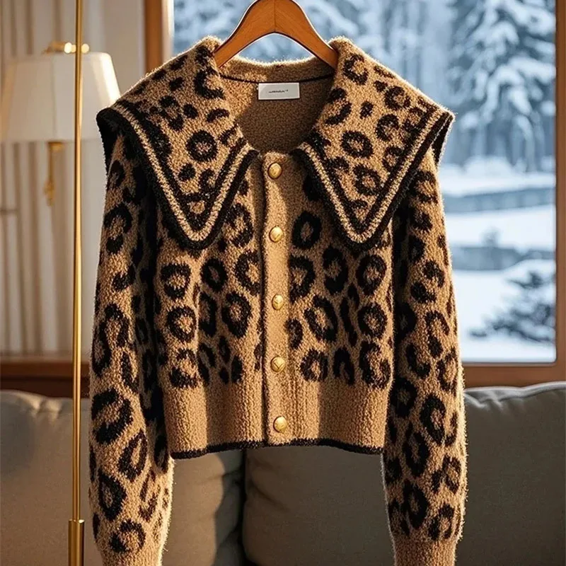 High End Retro Leopard Print Sweater Jacket For Women 2025 Spring Autumn Winter Thick Navy Collar Soft Knitted Cardigan Coat Top