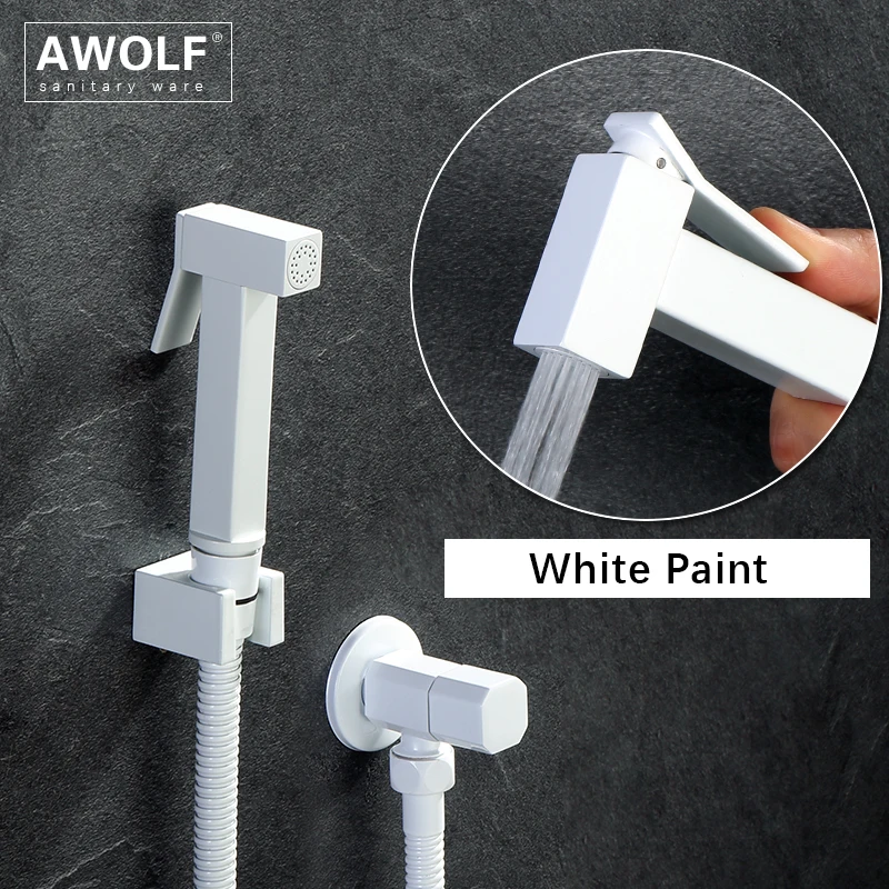 Awolf Solid Brass White Hygienic Shower System Square Handheld Toilet Bidet Sprayer Set Shattaf Anal Shower Head Rinser AP2289