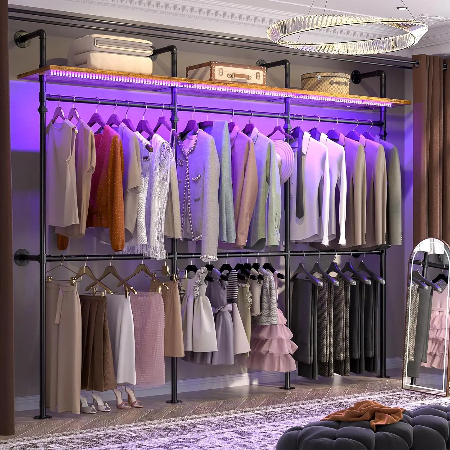 

Industrial Pipe Clothing Rack, Reversible 118.3'' Clothes Rack for Hanging Clothes,Garment Rack Closet Wardrobe Rack LED Lights