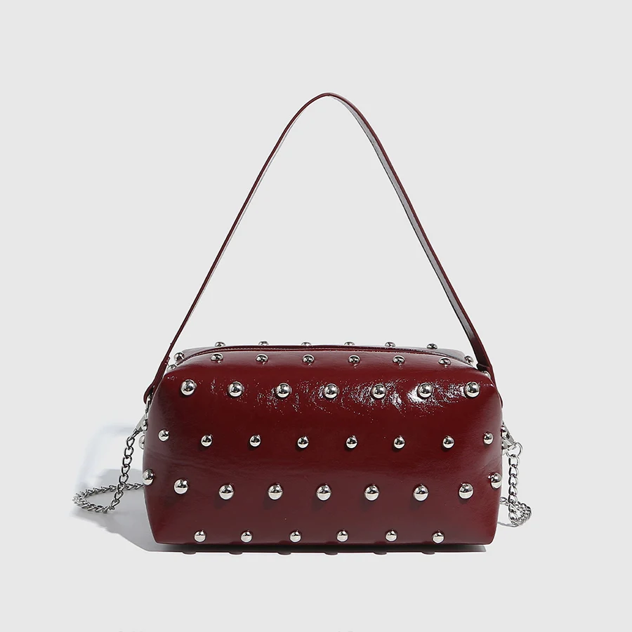 

New mushroom nail handbag women pu leather chain single-shoulder crossbody bag, fashionable tote bag bowling girls' bag winered