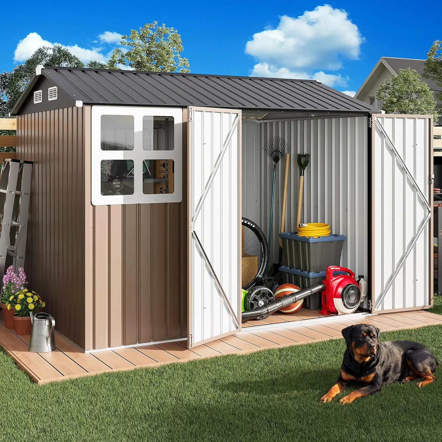 8x6FT Outdoor Storage Shed with Clear Window, Tool Shed with Breathable Vent and Lockable Doors, Customized