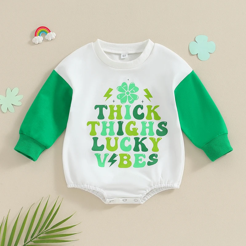 

2023-11-14 Lioraitiin 0-18M Newborn Baby Girls Boys St Patrick s Day Romper Long Sleeve Crew Neck Shamrock Letter Print Playsuit