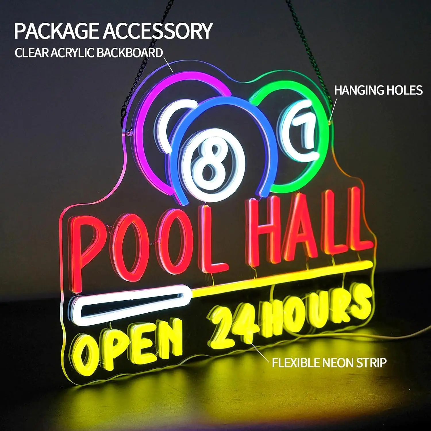 Pool Hall Open 24 Hours Neon Sign USB Dimmable LED Neon Light for Game Room Bar Man Cave Snooker Club Wall Decor Business Sign