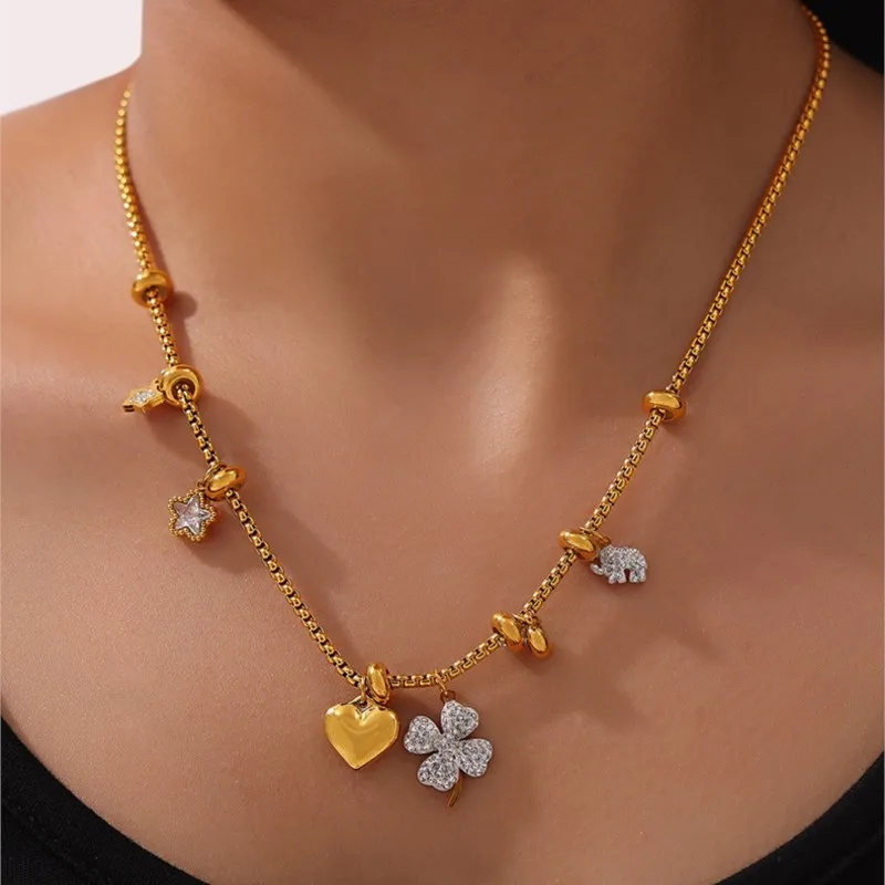 Elegant Women\'s Clover Pendant Necklace Bracelet Gold Color Stainless Steel Neck Chain Necklaces Bracelets Jewelry Set For Women