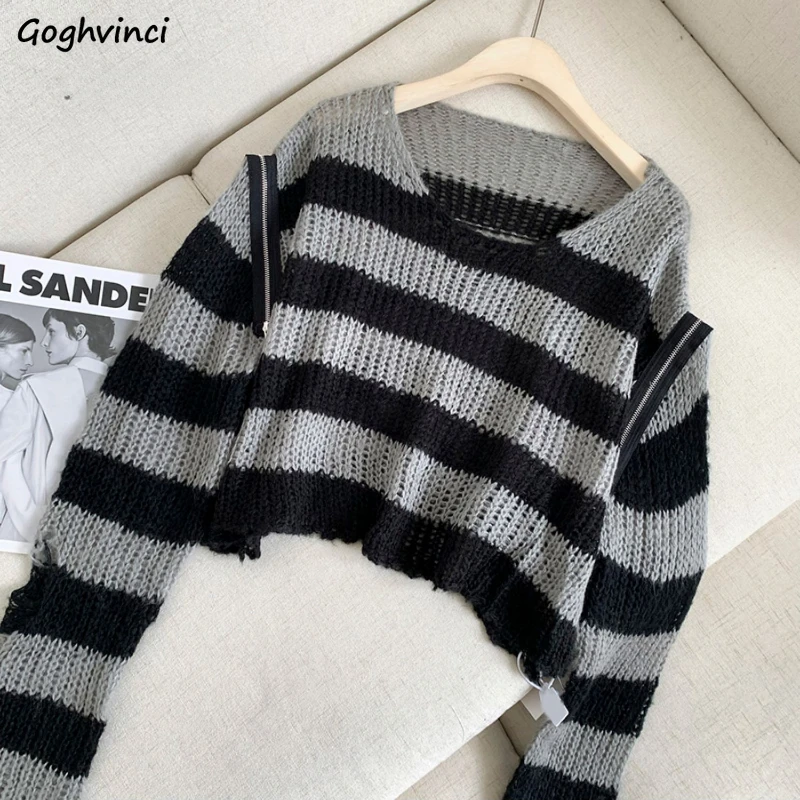 

Pullovers Women Cropped Knitted Ins Striped Hole Design Japanese Style Off-shoulder All-match Streetwear Sweet Spicy Girls Chic