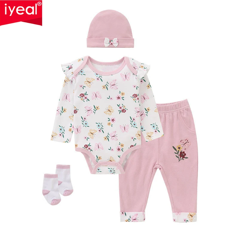 

IYEAL, весенне-осенний комплект одежды для маленьких мальчиков и девочек с цветочным принтом, боди с длинными рукавами + брюки + шапка + носки, комплект из 4 предметов, хлопковый комплект одежды для маленьких девочек