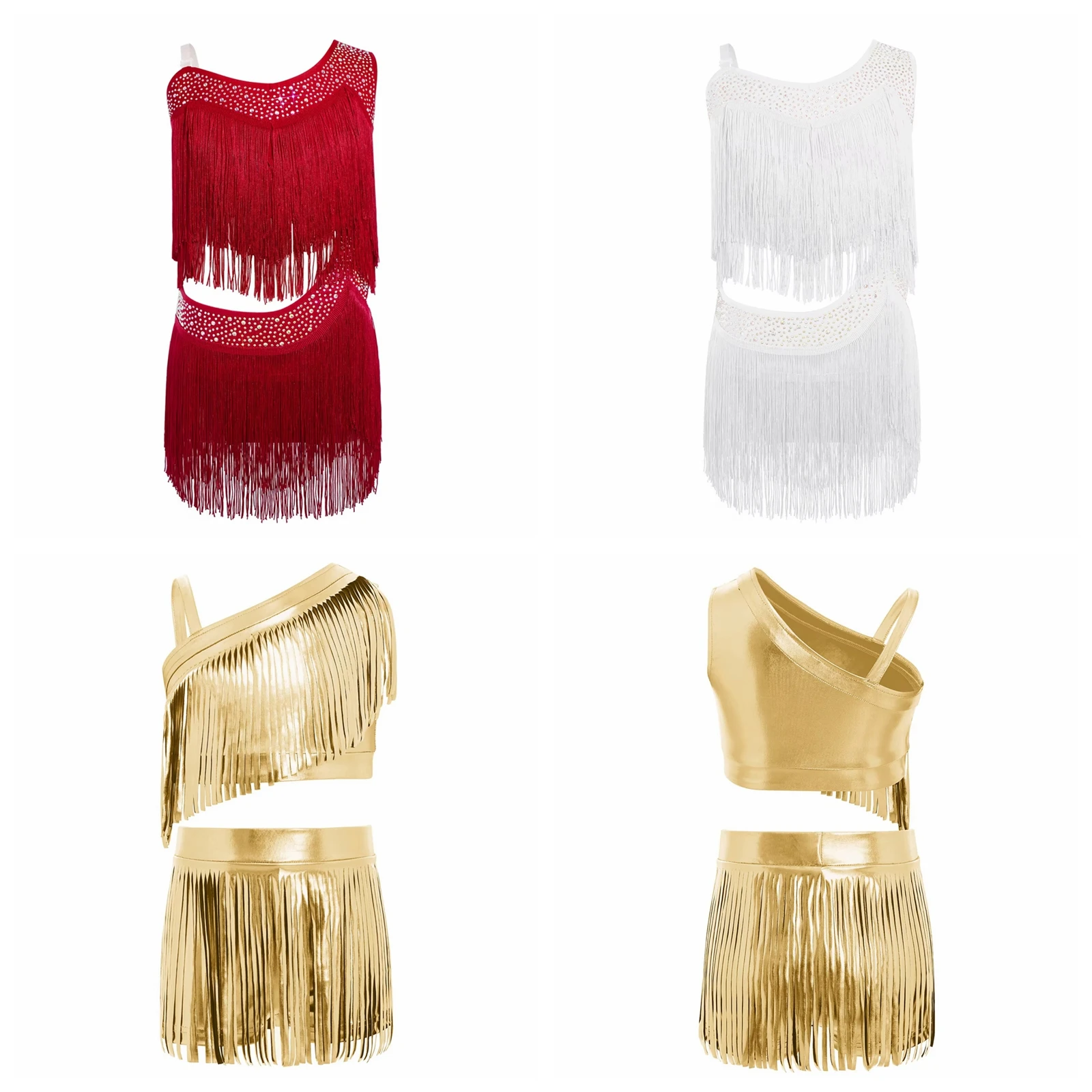 Girls Latin Dance Costume Rumba Tango Dance Outfit Sparkly Sequins Cha-cha Tassel Tank Tops Skirts Suits Jazz Fringed Dancewear