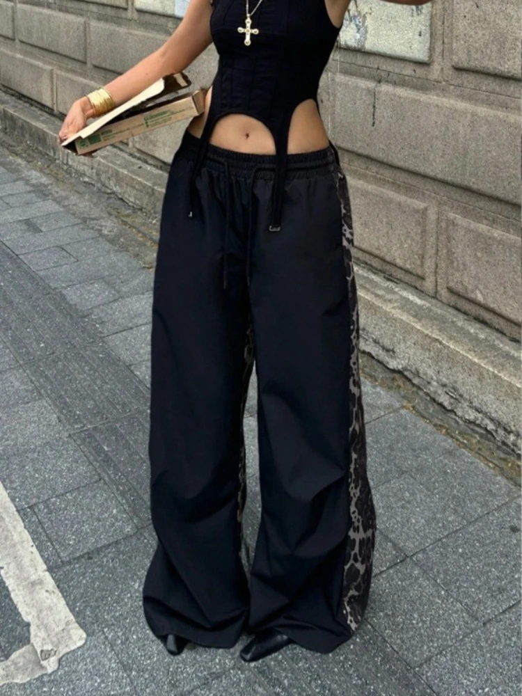 トレンディなアメリカンパッチワークヒョウ柄ファッショナブルなニッチカジュアルパンツハイストリートスタイルトレンディなハイウエストワイドレッグロングパンツ