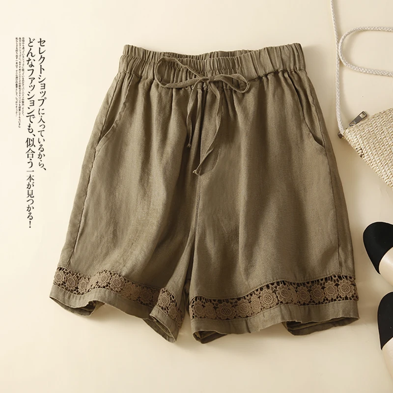 Letnie, cienkie, lniano-bawełniane spodnie damskie w stylu vintage z ażurową koronką, elastyczną talią, luźne, z szerokimi nogawkami, uniwersalne, z wysokim stanem.