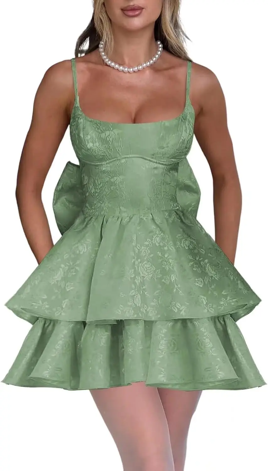 スパゲッティストラップ ホームカミングドレス リボン付き ジャカード 花柄 サテン Aライン ミディ フォーマル カクテルドレス 膝上、ミニ