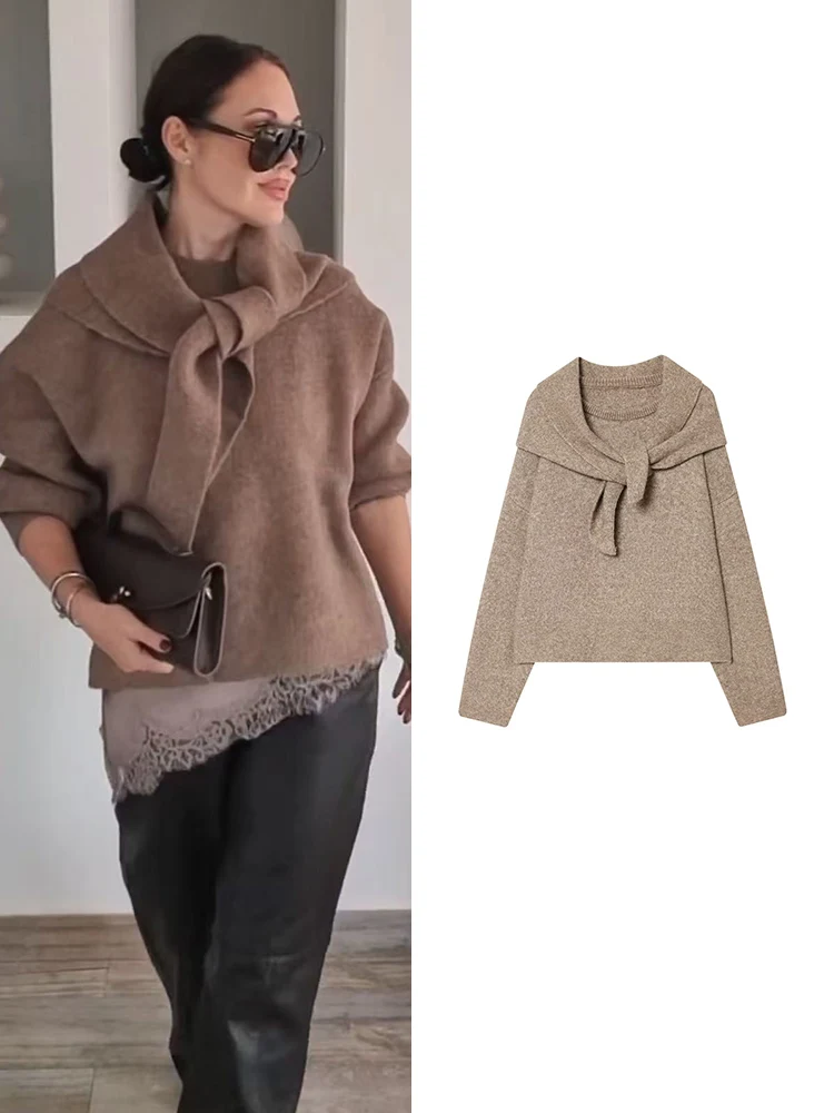 

Women's Knitted Pullover 2025 Autumn Winter Casual Style Detachable Scarf Collar Sweater Loose Fit Long Sleeve Knitted Top