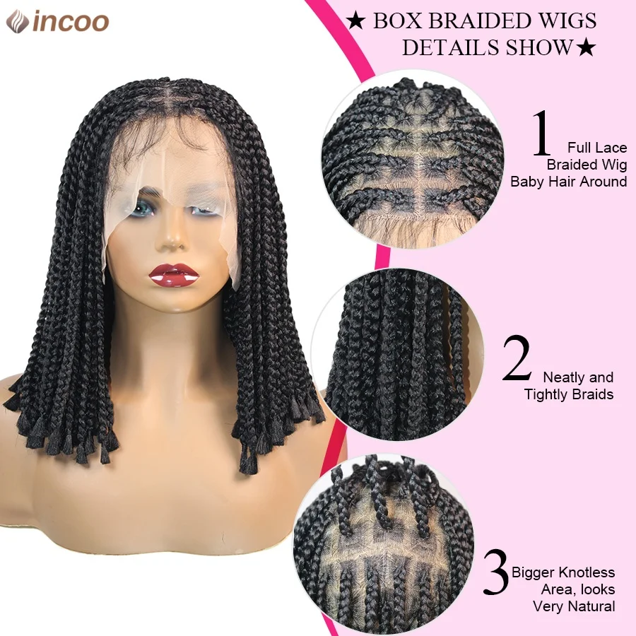 الاصطناعية 10 بوصة صندوق شعر مستعار مضفر للنساء السود قصيرة بوب شعر مستعار مضفر كورنو تجديل خصلات الشعر المستعار القبلية كامل الدانتيل الضفائر الباروكات #5