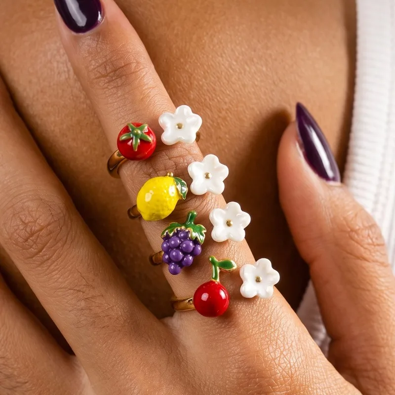 Cute Enamel Fruit Flower Open Rings Tomato Lemon Grape Cherry Whiter Flowe Adjustable Finger Rings Sweet Jewelry for Women Girls