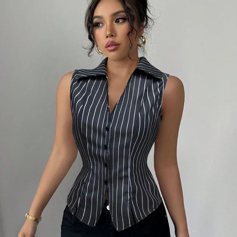 

Summer V-Neck Striped Shirt for Women 2025 Slim Sleeveless Short Woman Shirt Casual Solid Button Woman Clothes