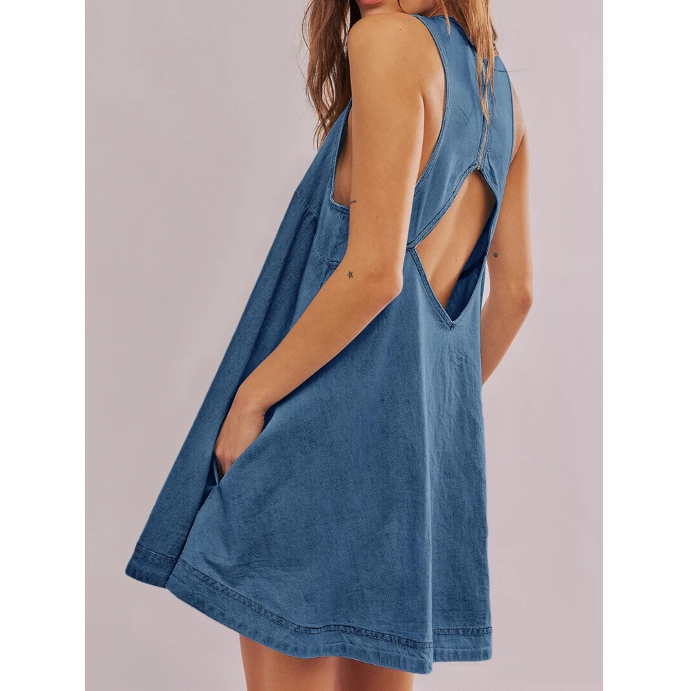 Elegant Women Cut Out Back O-Neck Midi Casual Denim Dress Summer Sleeveless A-Line Dresses Evening Outfits