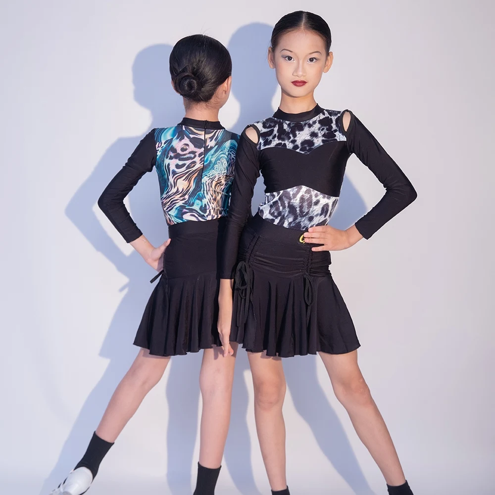

Girls Latin Dance Dress Performance Costumes Leopard Print Tops Skirts Chacha Practice Suit Clothes Competition Wear DQL10849