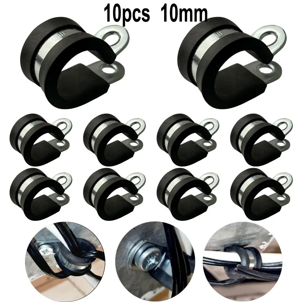 10PCS Rubber Lined Pipe Clamp 6/8/10mm Cable Mount Hose Pipe Clamp Stainless Steel Retaining Pipe Clips Fixing Tube Wire Bracket