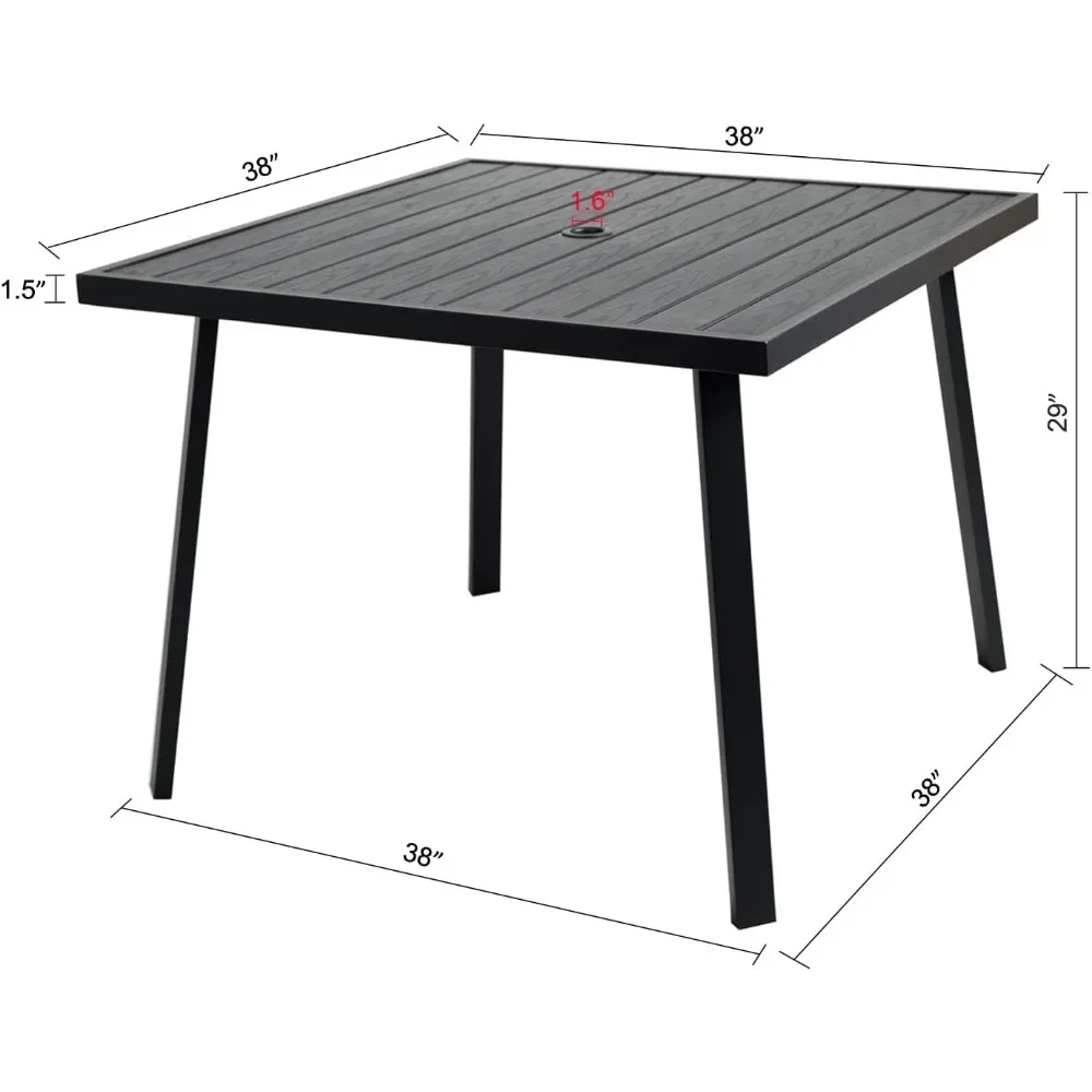 Обеденный стол на открытом воздухе с отверстием для зонта для наружного патио, металл, квадратный, черный |