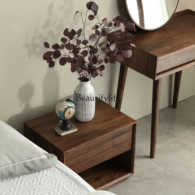 LNordic Solid Wood Bedside Table North America Black Walnut Modern Minimalist Small Chest of Drawers