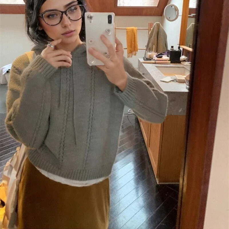 

Fashion Autumn and Winter Korean Style Long-sleeved Hooded Solid Color Warm Style College Ladies Sweater Lazy Style Korean