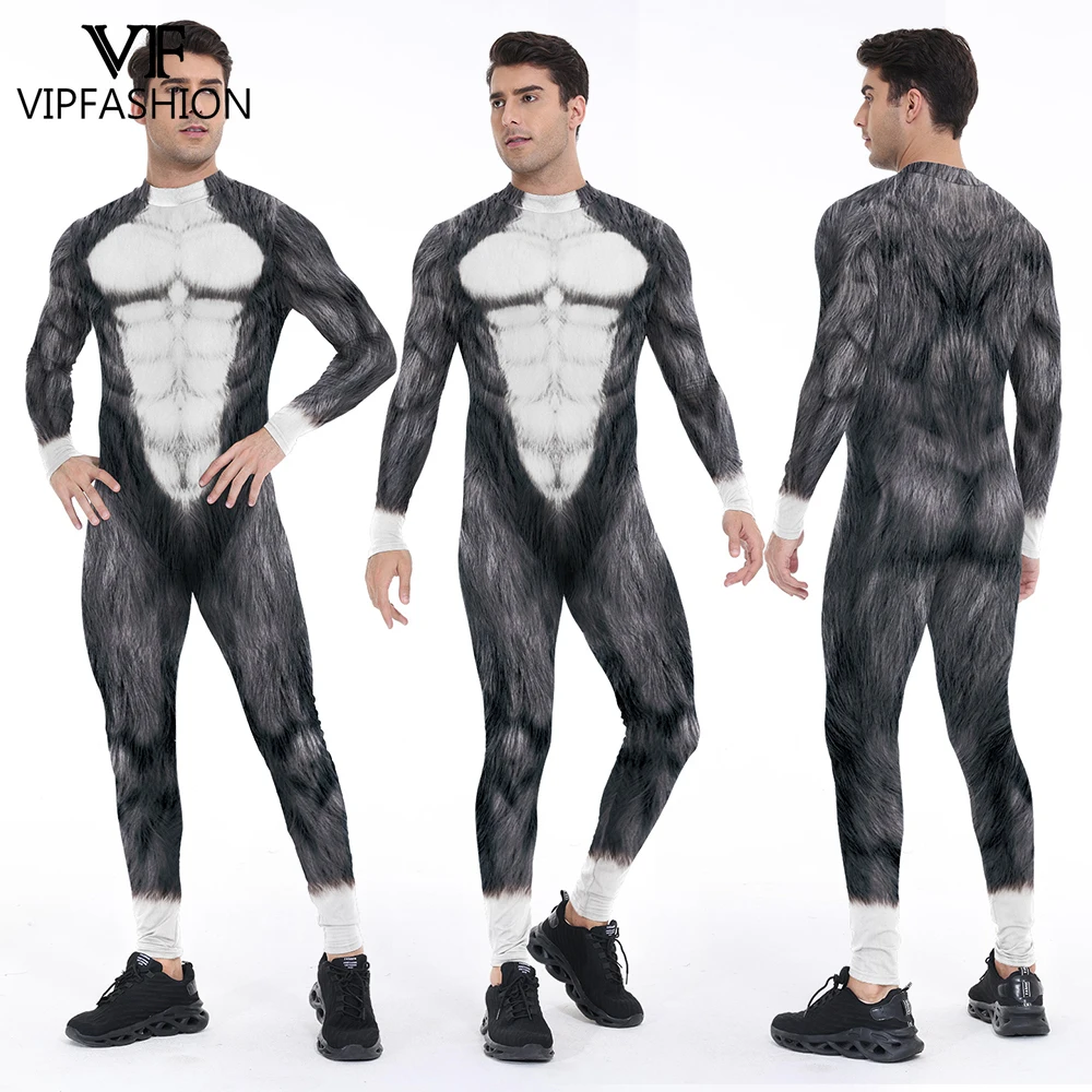 

VIP FASHION Man Wolf Cosplay Costume Fancy Animal Party Full Bodysuit Halloween Festival Zentai Catsuit Carnival Show Dress Up
