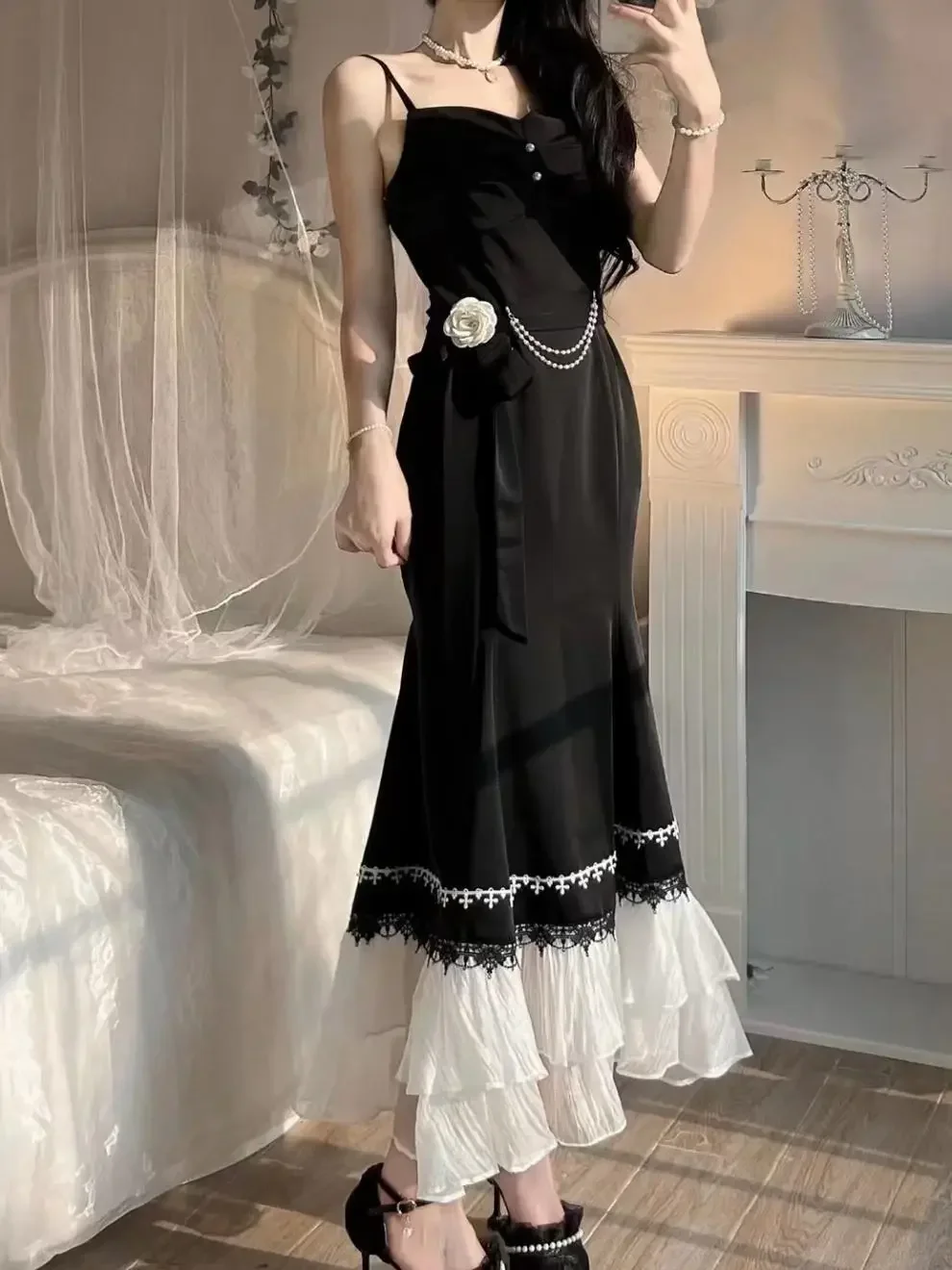 Prom Lolita Dress Cocktail New Lace Christmas Dress Woman Cheongsam Vintage Fairy Mermaid Black Dress Sweet Two-piece Party Top