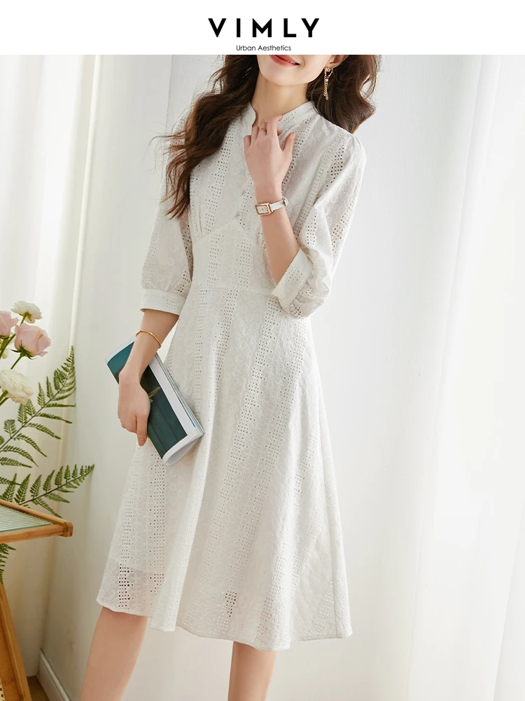 Vimly 100% Cotton Embroidery White Dress Women Spring 2024 Korean Fashion Elegant  A Line Fitted Dresses Womans Clothing V8063