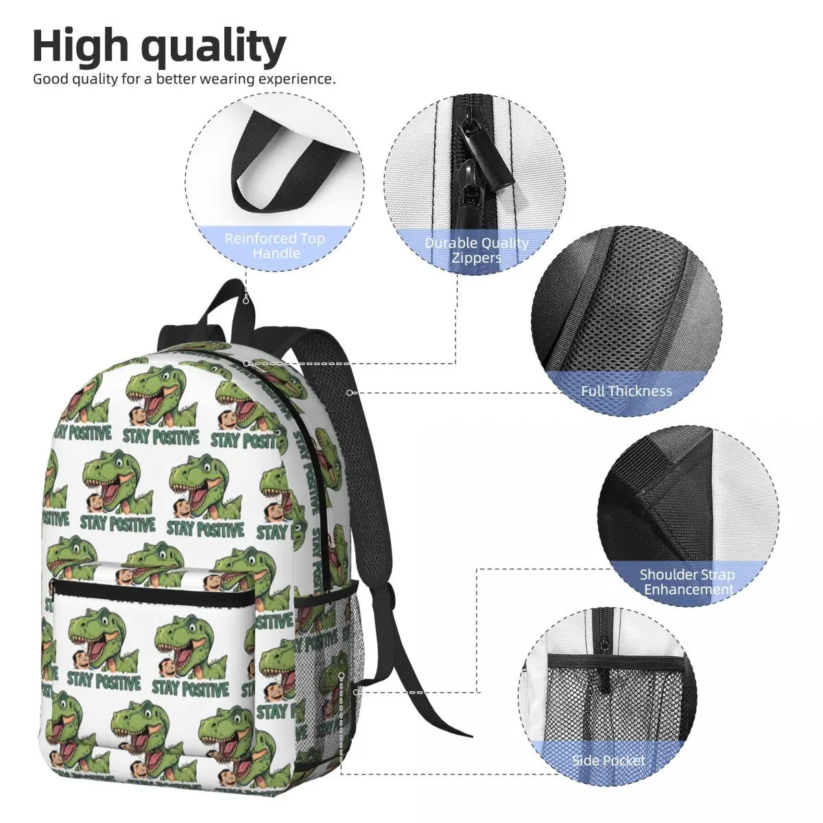 Stay Positive Funny T-Rex Dinosaur Sticker Backpack Boys Girls BookBag Children School Bag Laptop Shoulder Bags for Men Women