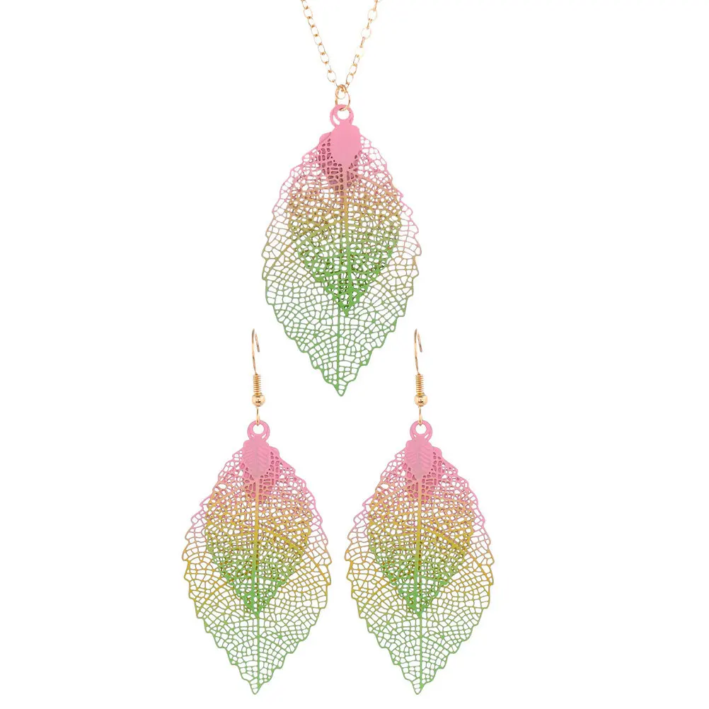Colorful Leaf Jewelry Set for Women – Necklace & Earrings Combo, Hollow Design, Lightweight & Rust-Resistant