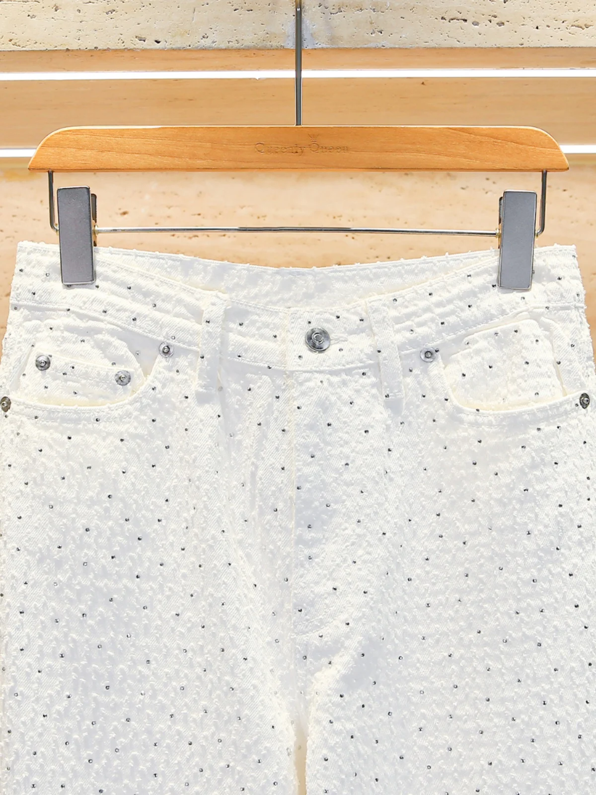 

M Home South Oil High End Women's Heavy Du Rhinestone White Casual Versatile Wide Leg Jeans Women's Premium Denim Pants