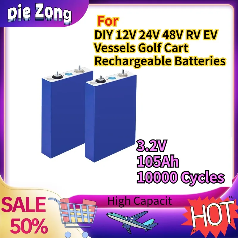 

In Stock For DIY 12V 24V 48V RV EV Vessels Golf Cart Rechargeable 3.2V Lifepo4 Battery 105Ah Large Capacity 10000 Cycles