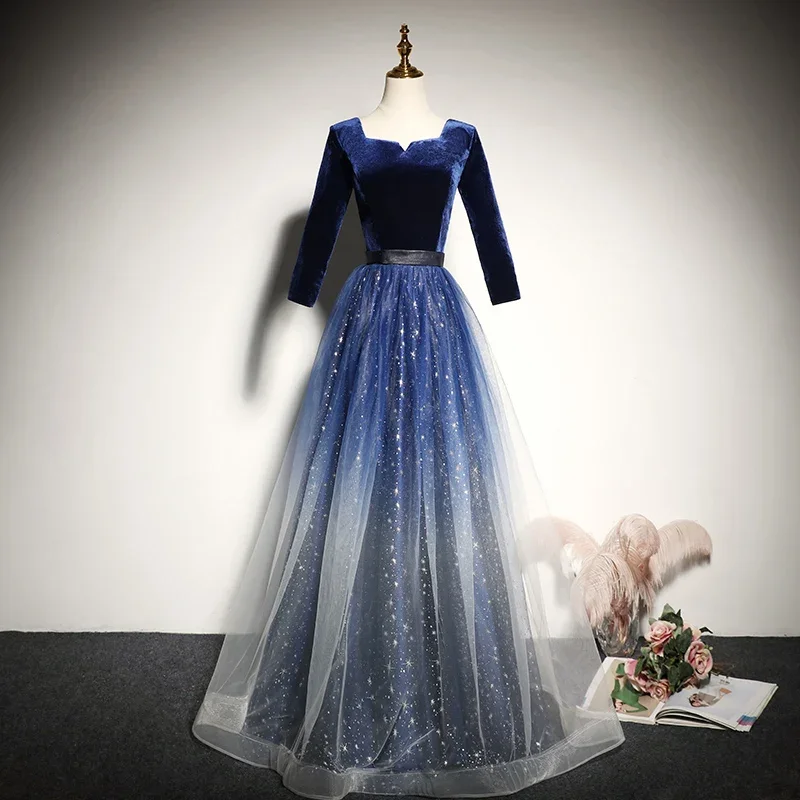 

Customized Evening Dress Navy Blue Velvet Tulle Full Sleeves A-Line Square Collar Floor-Length Plus size Party Formal Woman Gown