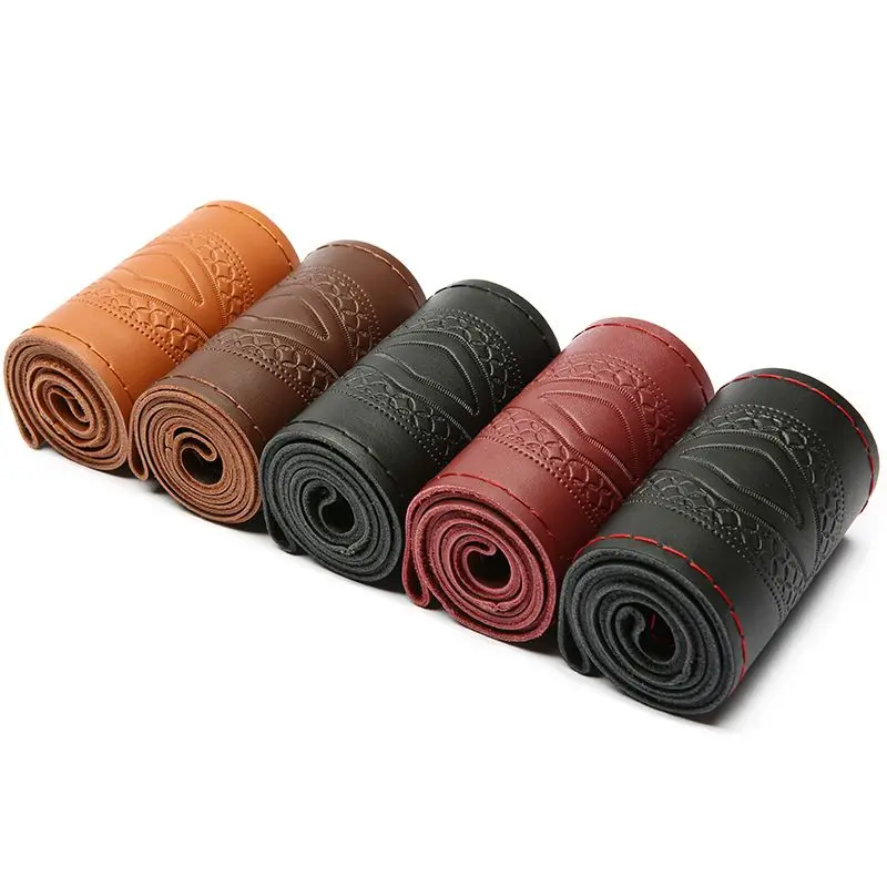 

Genuine Leather Fashion Embossed Hand Stitched Steering Wheel Cover All Season Universal Car Handle Cover