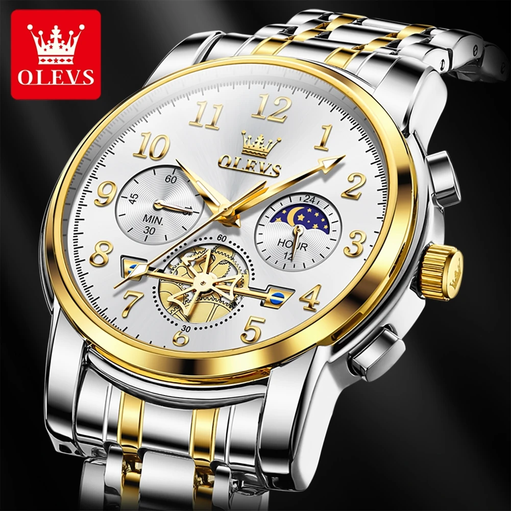 OLEVS Brand Moon Phase Men Watches Stainless Steel Waterpoof Luminous Fashion Chronograph Quartz Wristwatch Men\'s Originate New