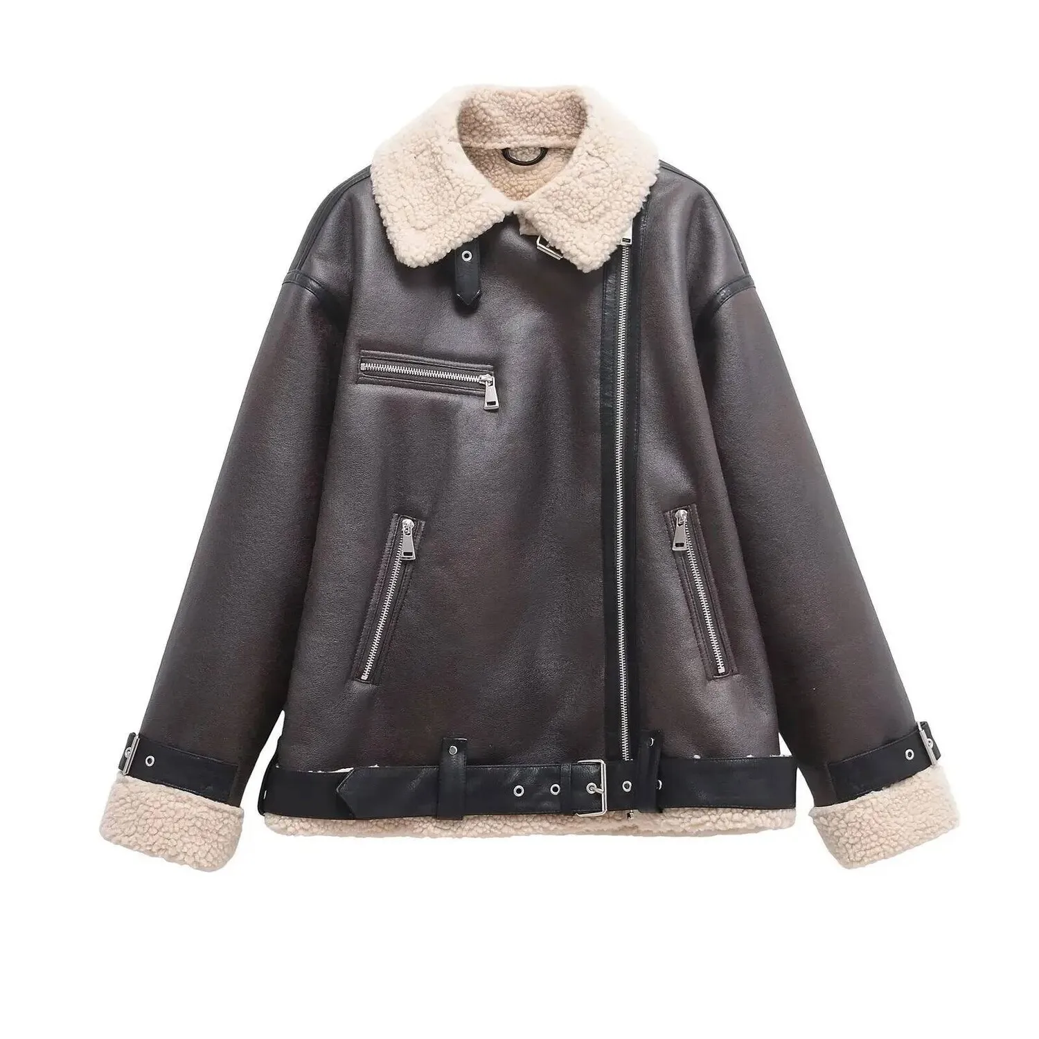 

Fashionable Double-Sided Casual Jacket Women's Thickened Winter Coat With Belt Flip Collar Full Sleeve Loose Fit Outerwear