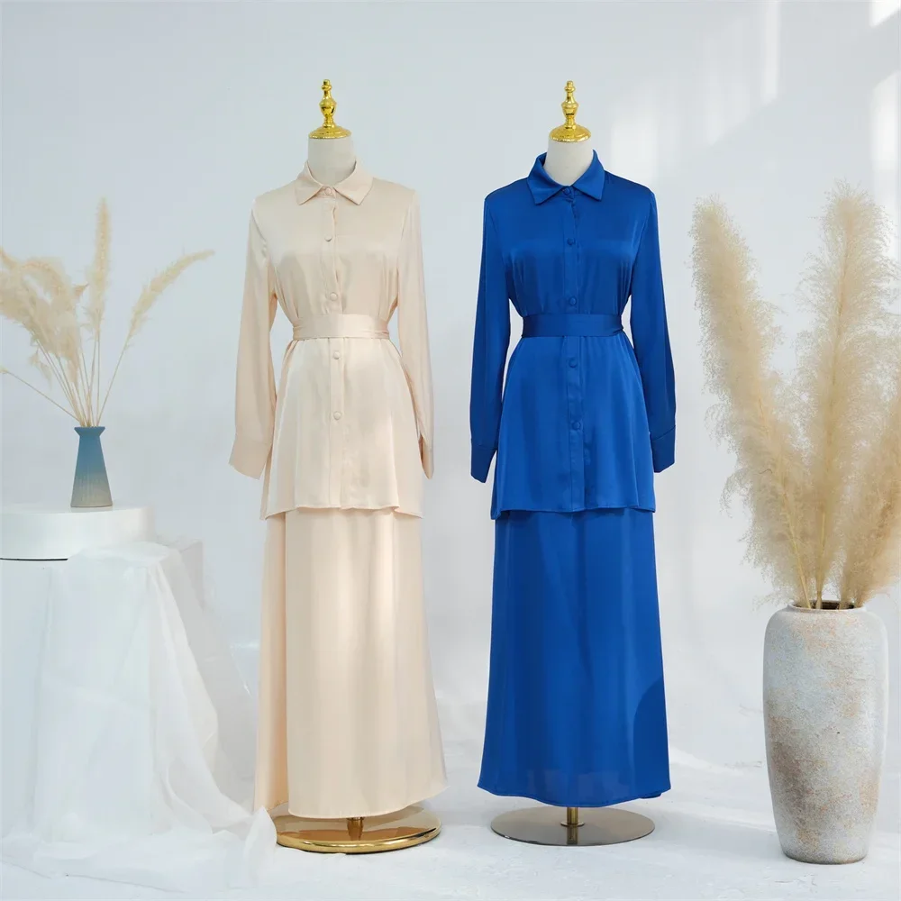 

Luxury 2 Piece Muslim Suit Woman Ramadan Dubai Modest Abaya Dress Islamic Outfit Turkey Robe Caftan Marocain 2 Piece Abaya Set