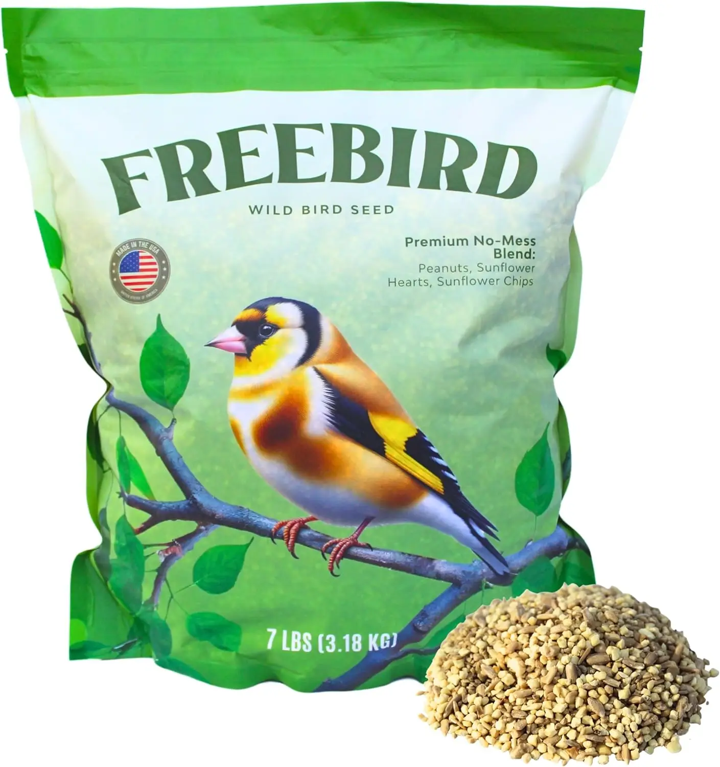 

Корм для птиц No Mess от Freebird - кусочки арахиса, сердечки подсолнечника, чипсы из подсолнечника - 100% безотходный корм для птиц, предназначенный для зябликов.