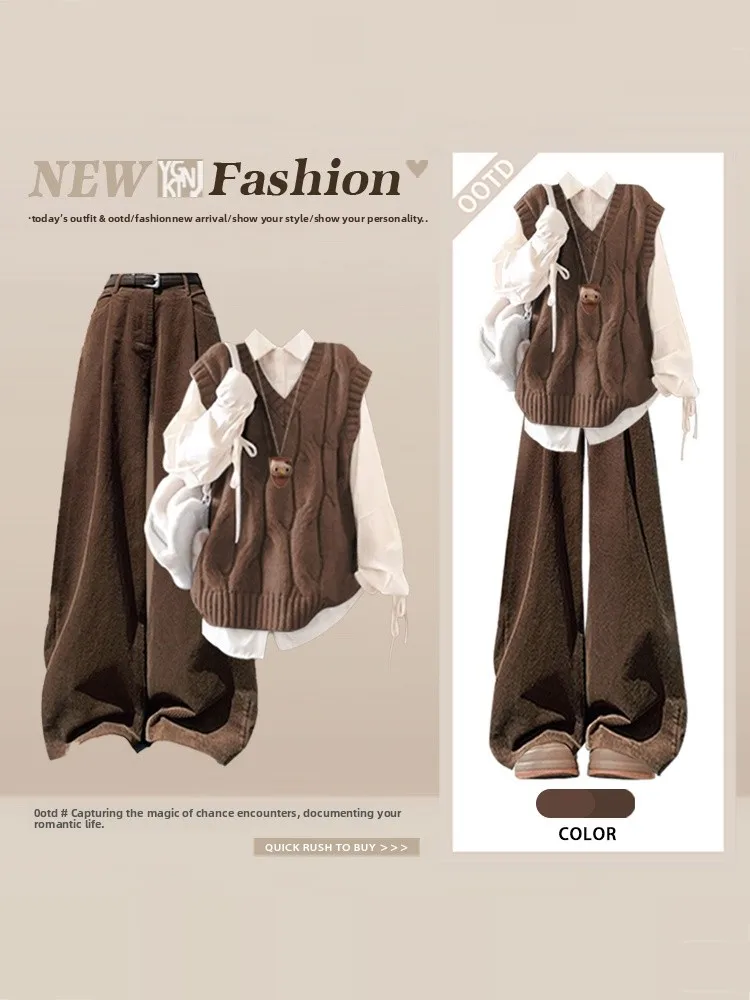 Color Blo lavorato a maglia irt e gilet Set casual sciolto Sle Winter Faion Tee Piece Ensemble da donna Pantaloni lunghi a vita alta