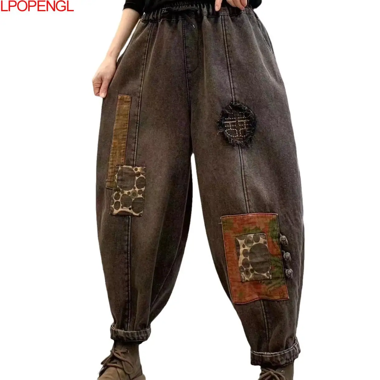 2024 primavera nuovo Patchwork strappato ricamato letterario Jeans larghi con coulisse donna Streetwear tasche Patch Denim Harem Pants