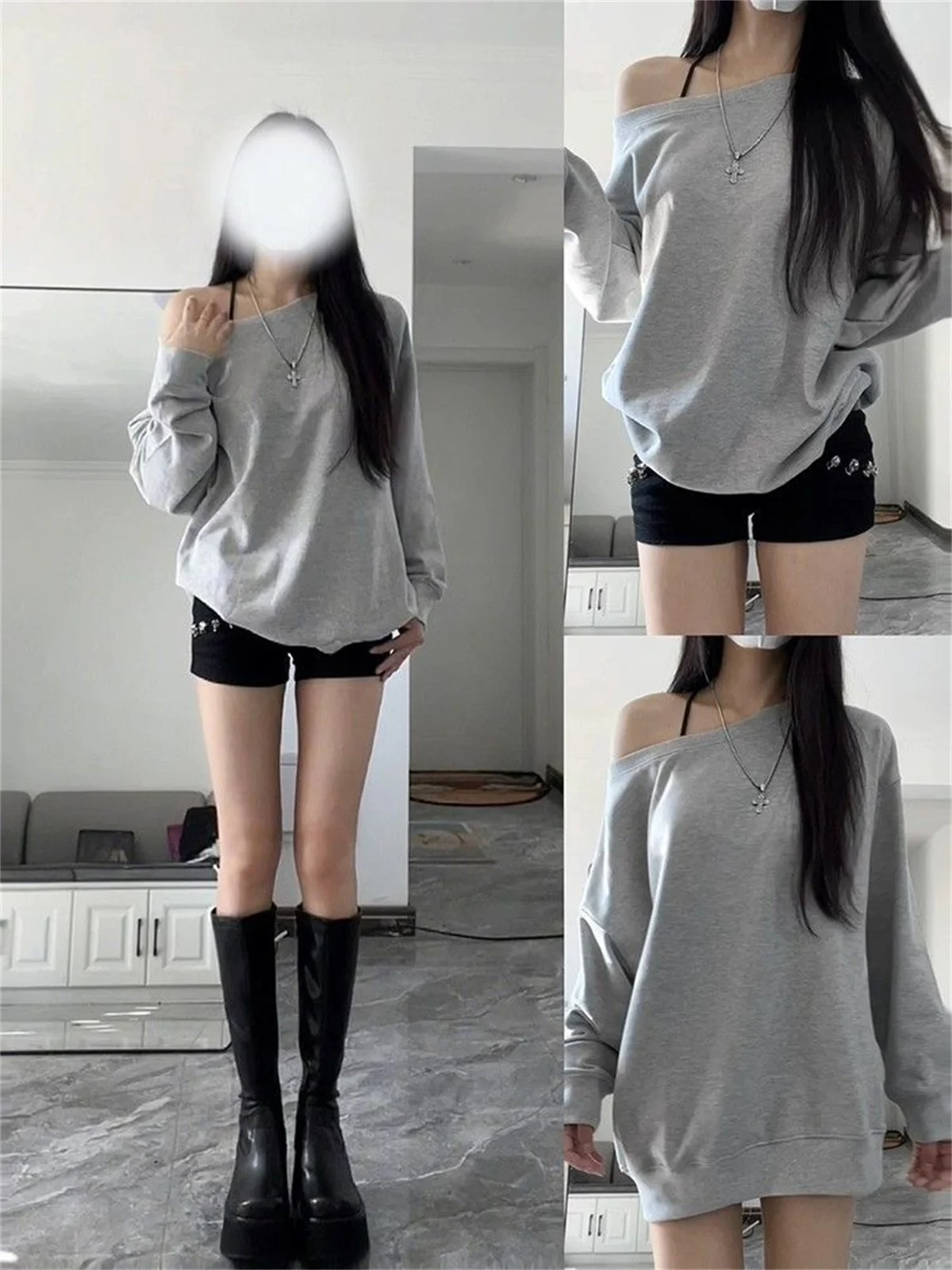 カジュアル オフショルダー スウェットシャツ レディース バイブス チャーム 春 秋 ルーズ スリミング レイジー ワンショルダー トップス デイリー フルスリーブ ラウンド