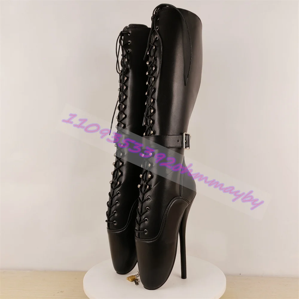 

Black Matte High-Heeled Ballet Boots With Sexy Buckle Criss-Cross Laces Knee-High Boots For Women Sexy Role-Playing Boots 47